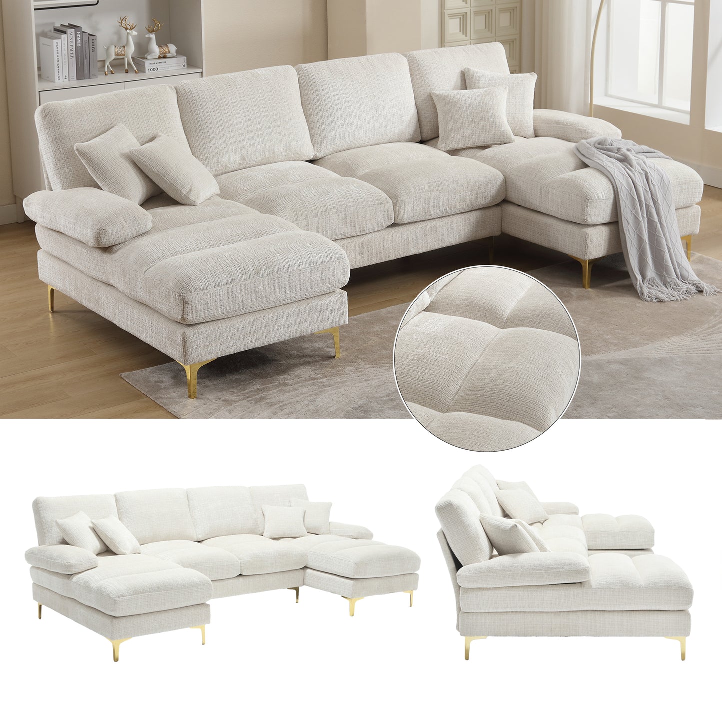Old SKU W1880S00027 Modern Large Chenille U-Shape Sectional Sofa With Double Reclining Seats For Living Room Bedroom Office Apartment Villa Living Room Home By The Fireplace