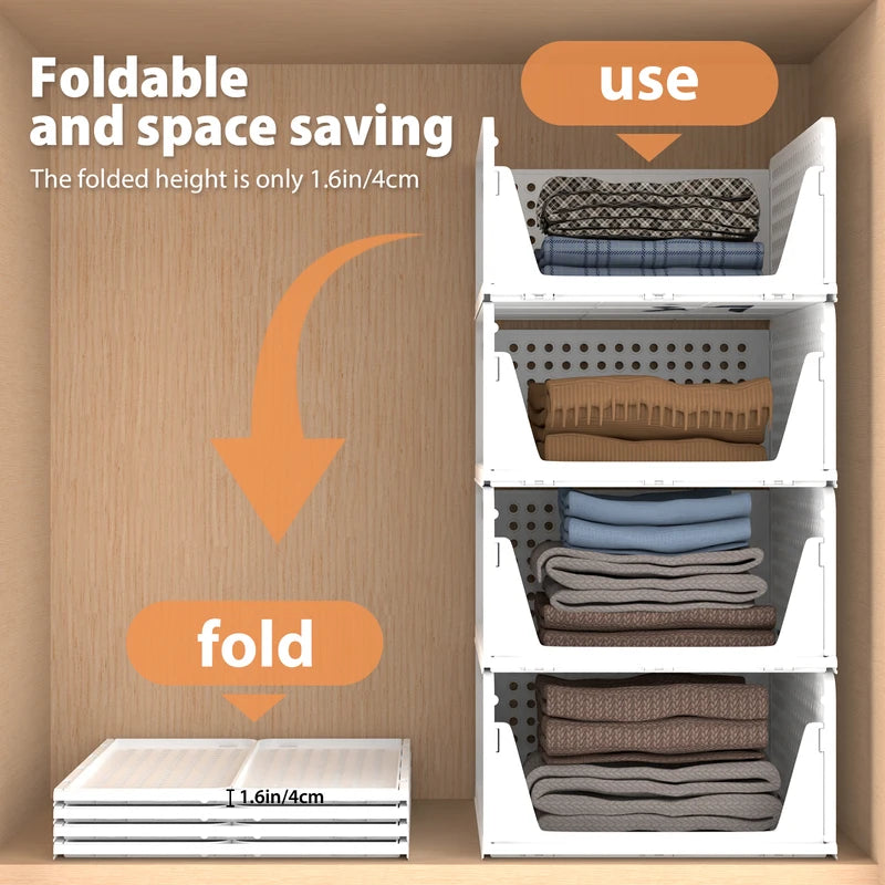 4-Pack Stackable Foldable Storage Drawers - White Large Capacity Closet Organizers for Bedroom, Kitchen, Home Plastic Bins
