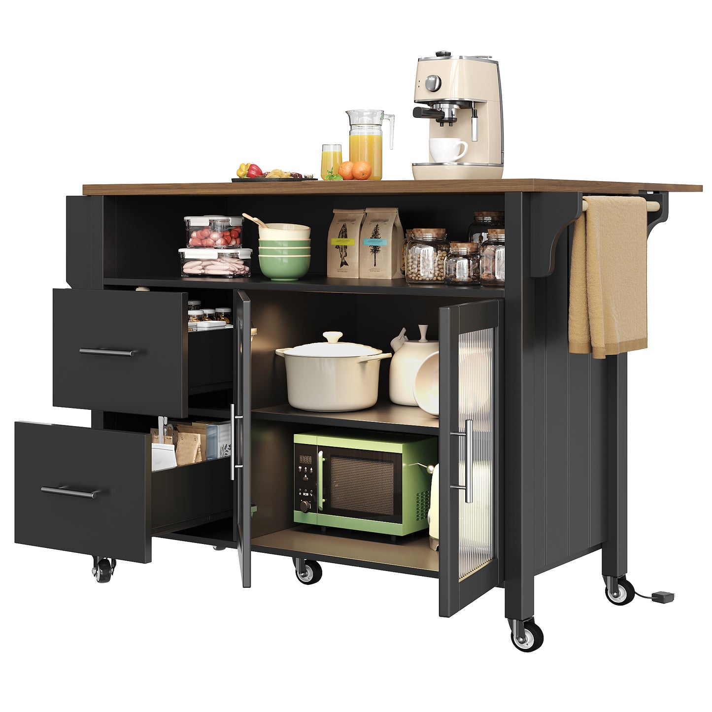 Kitchen Island With Removable Dividers, Dining Trolley With Worktop, Buffet Cabinet, Dining Trolley With Glass Display Case In Wood Grain, LED Lights, Side Towel Rail With Wheels, Black