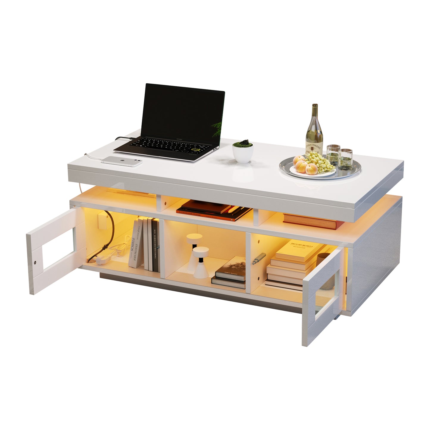 High-gloss White Coffee Table With App-controlled LED Lights, Living Room Table With Storage Cabinet, Sofa Table With Charging Port And Power Outlet Suitable For Offices And Studies.