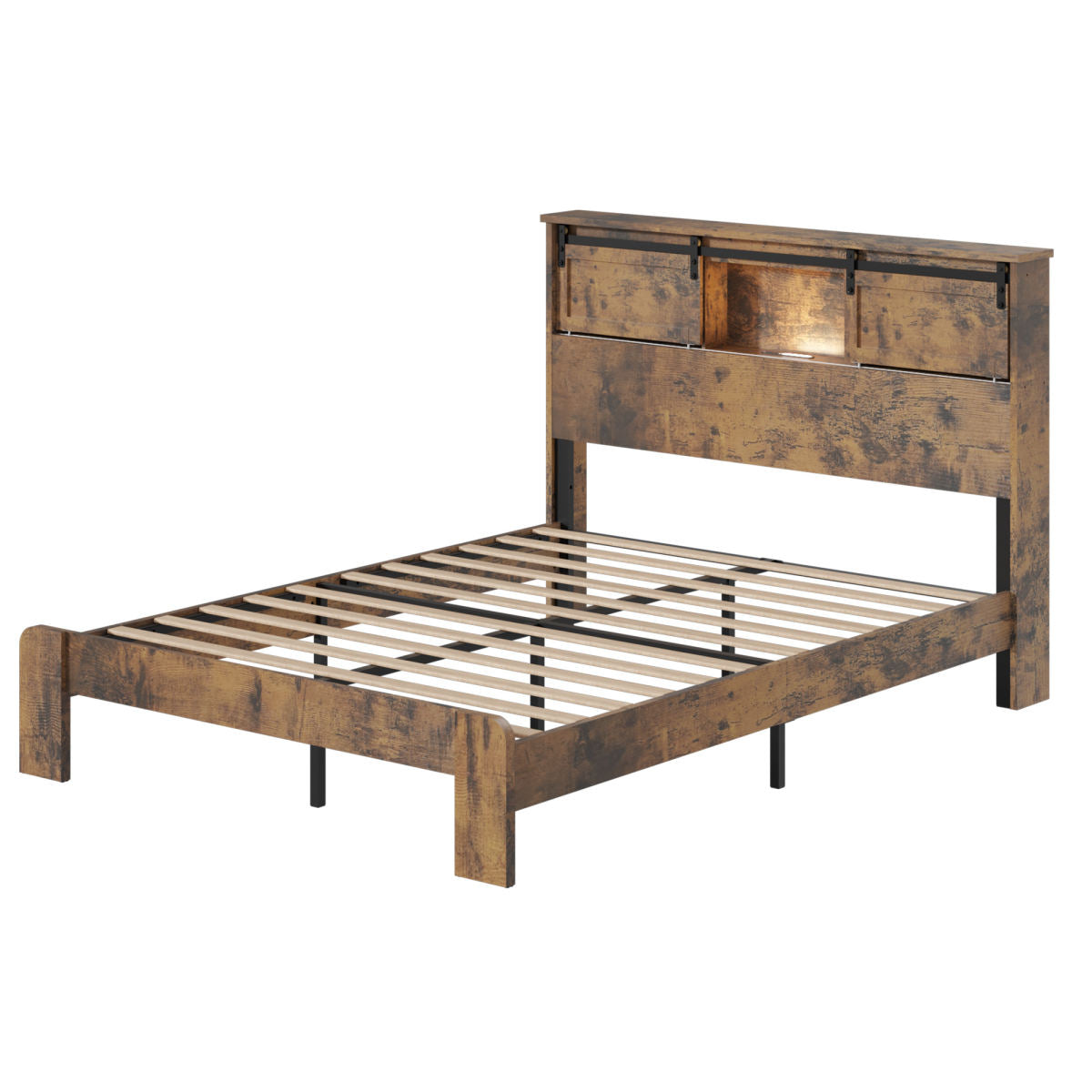 Queen Metal Bed Frame With Charging Station, No Box Spring, Dark Brown