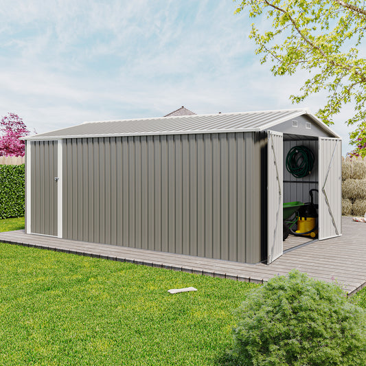 Campcraft  Outdoor Storage Shed 10x14 FT With 3 Lockable Doors,4 Air Vents & Sloped Roof,Utility Tool Shed Metal Storage Garden Sheds  Frame And 4 Vents,for Backyard,Patio,Lawn,Light Grey