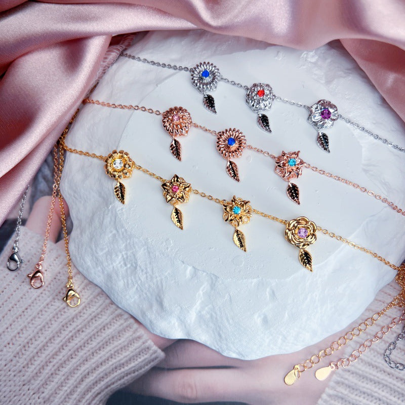 New 12 Birthday Flower Birthstone Name Rotating Necklace