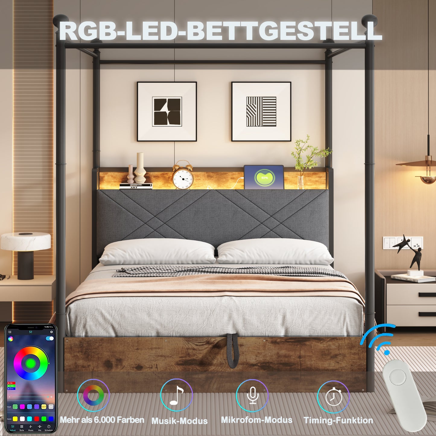 Multifunctional Double Bed 140 X 190, With Storage Space And Iron Canopy, With Removable Bed Posts With LED Lighting And USB Type-C Charging Ports And Three Drawers, Black