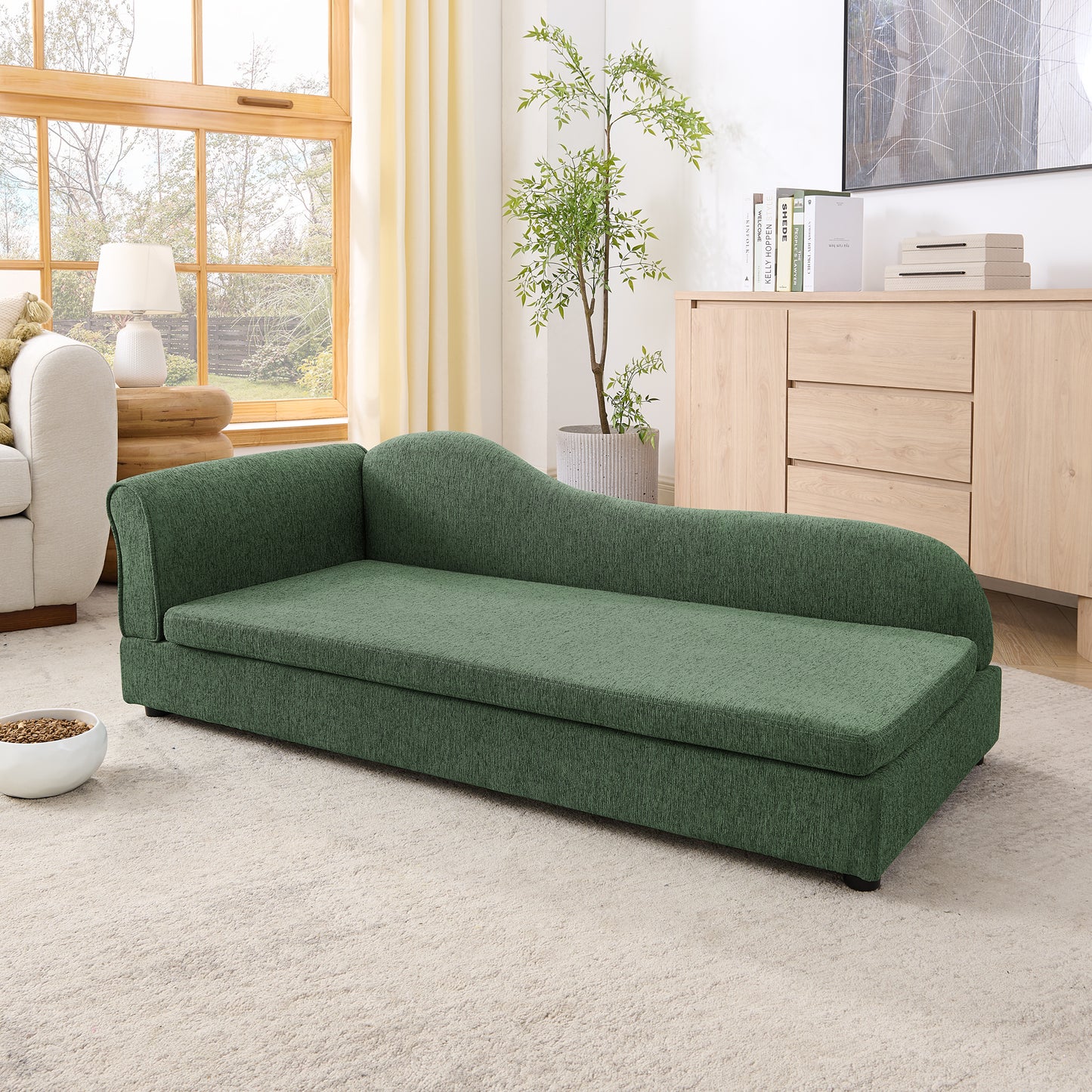 Oversized Pet Sofa For Medium Large Dogs - Modern Irregular Wave Backrest, Single Armrest, Premium Breathable Linen Fabric, Soft Cushion & Low Plastic Feet-Olive Green