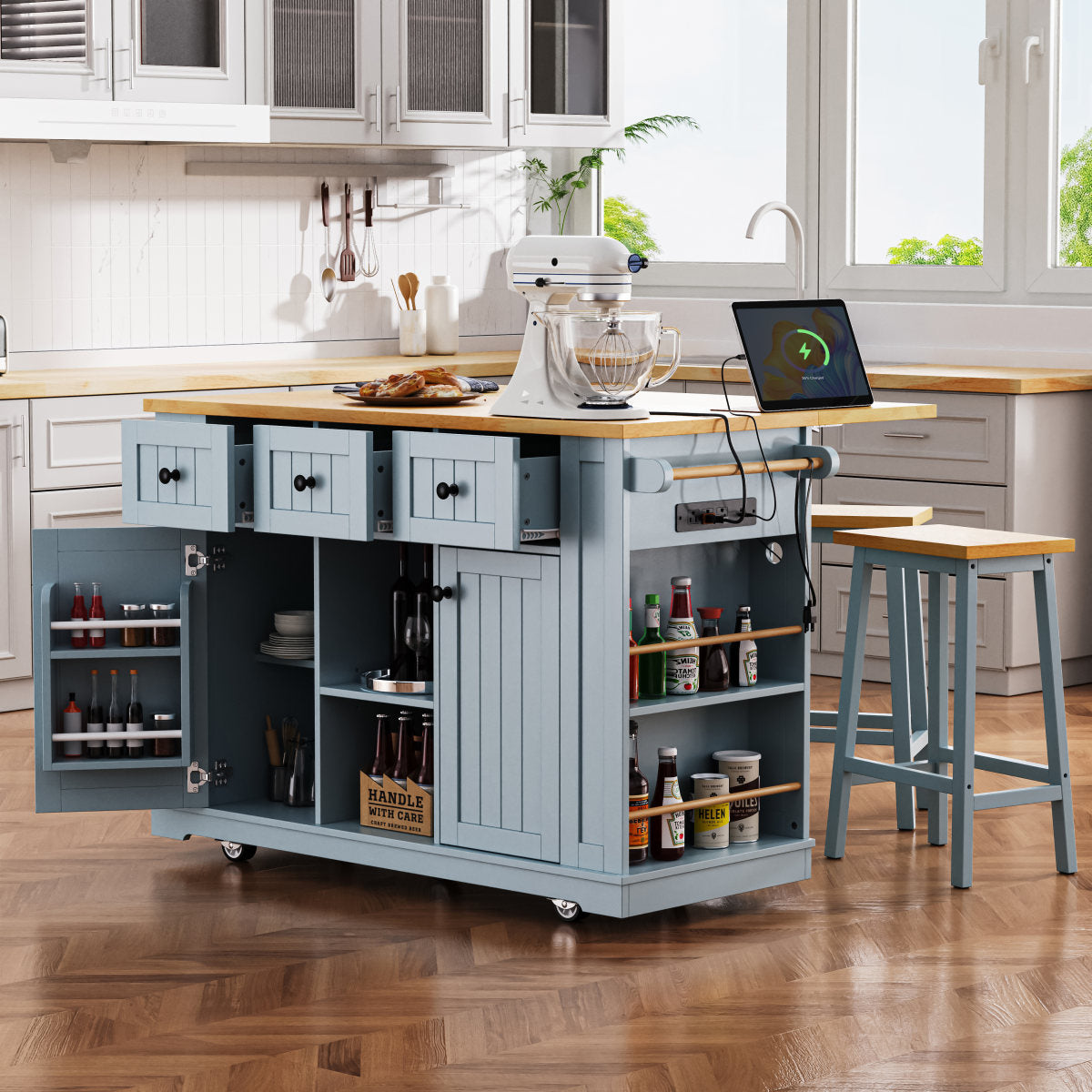 K&K 53inch Large Kitchen Island With Drop Leaf,Power Outlet,Door Internal Storage Rack,Rolling Kitchen Cart On 5 Wheels With 5 Open Side Racks For Kitchen,Grey Blue Two Packages  Stools Not Included