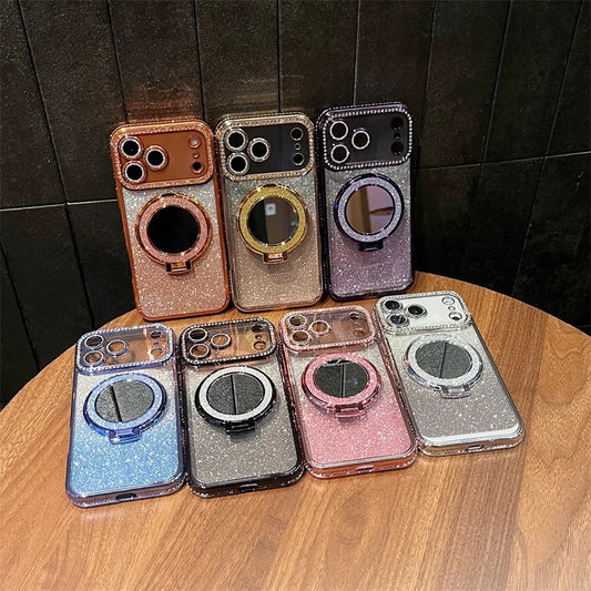Phone Case Rhinestone Edge Glitter Makeup Mirror Bracket Magnetic Suction
