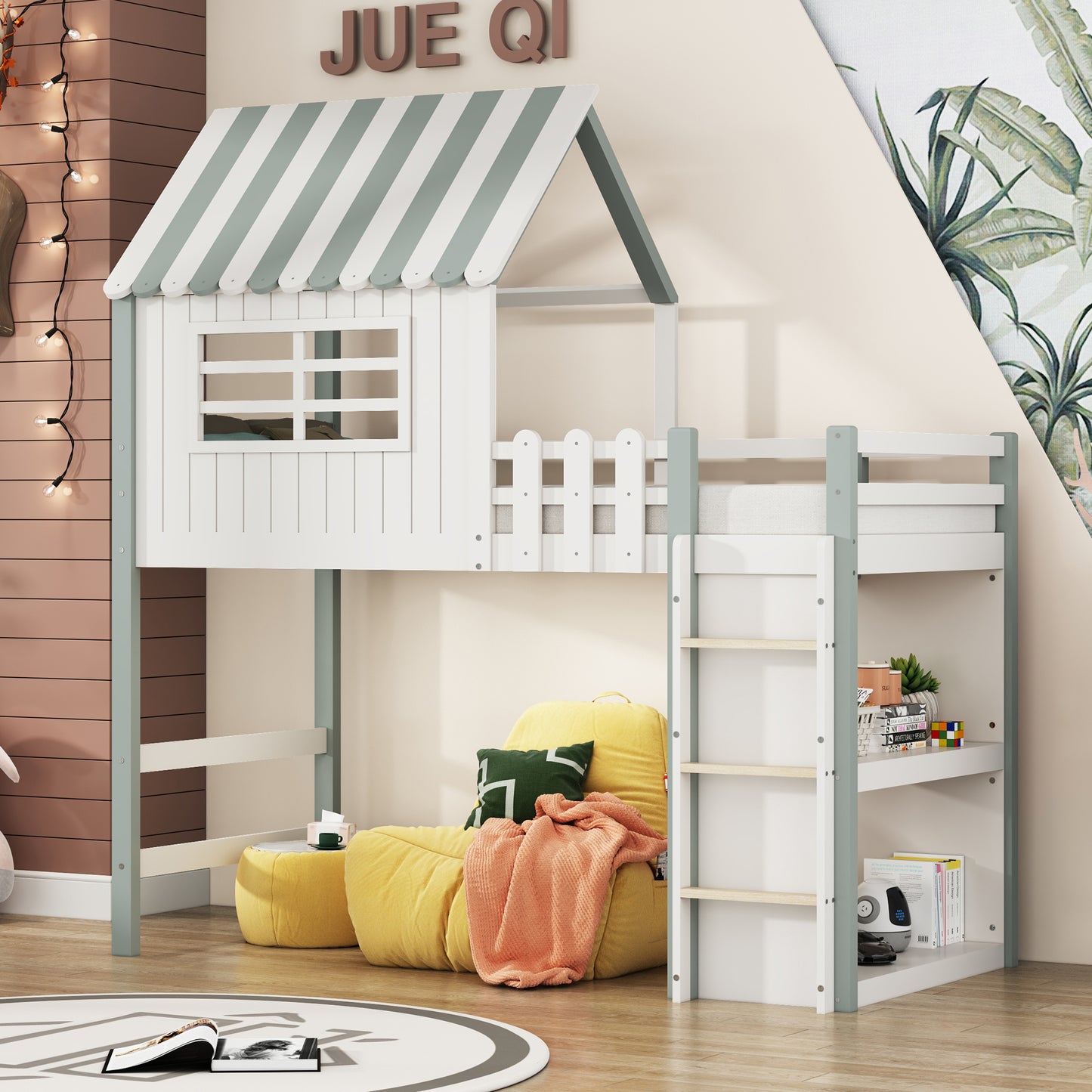 Children's Bed 90x200 Cm High And Low Bed For Boys And Girls Home Bed Roof Shape With Safety Ladder With Storage Compartment Multifunctional Bed Solid Wood Bed With Slatted Base Green