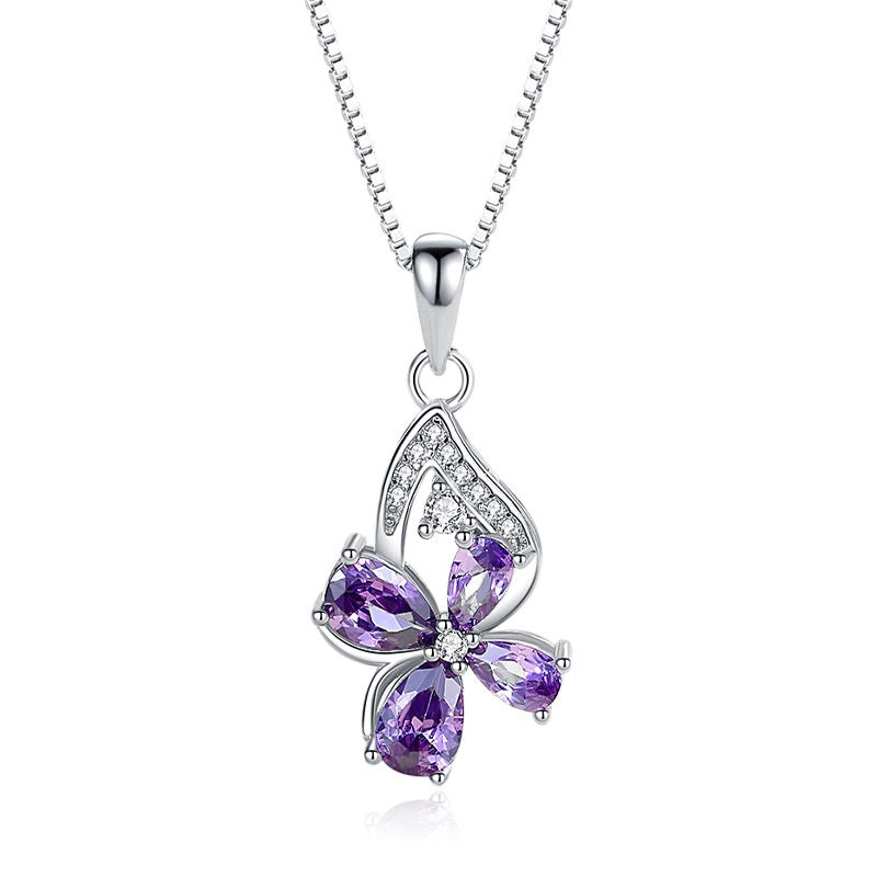 925 Sterling Silver Pendant Purple Diamond Butterfly Necklace Korean Style