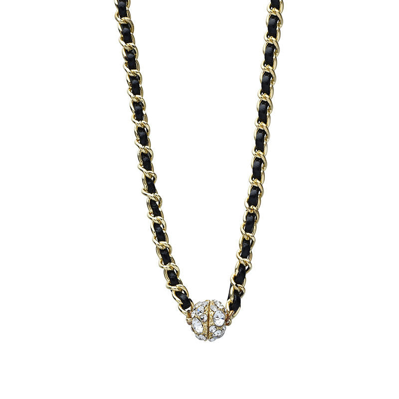 Rhinestone Ball Magnetic Braided Rope Necklace For Women, Korean Fashion Round Pendant Collarbone Chain, Trendy Versatile Jewelry