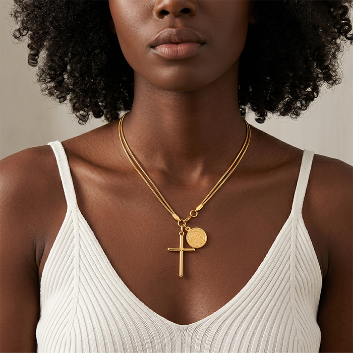 St Benedict Medal Cross Necklace For Women Men, 18K Gold Plated Stainless Steel Snake Chain, Religious San Benito Coin Protection Jewelry Gift