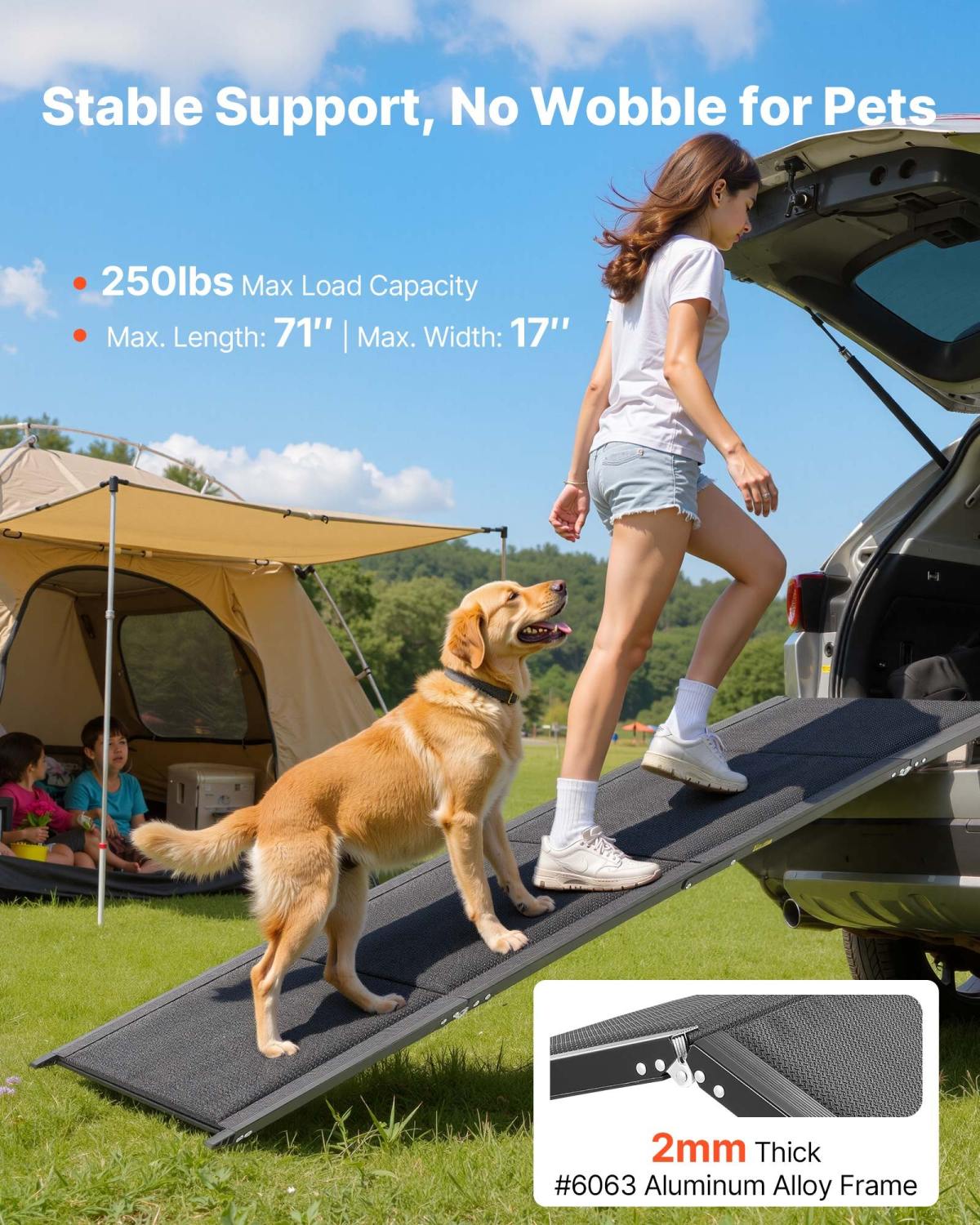 Dog Ramp For Cars, 71" L X 17" W, Folding Pet Ramps For Medium & Large Dogs Up To 250lbs, Pet Stair Ramp With Non-Slip Oxford Fabric Surface, Portable Outdoor Dog Car Ramps For SUV & Truck