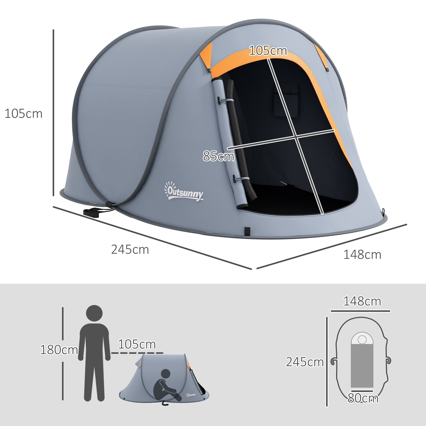 Two-Man Pop-Up Dome Tent, With Accessories - Grey