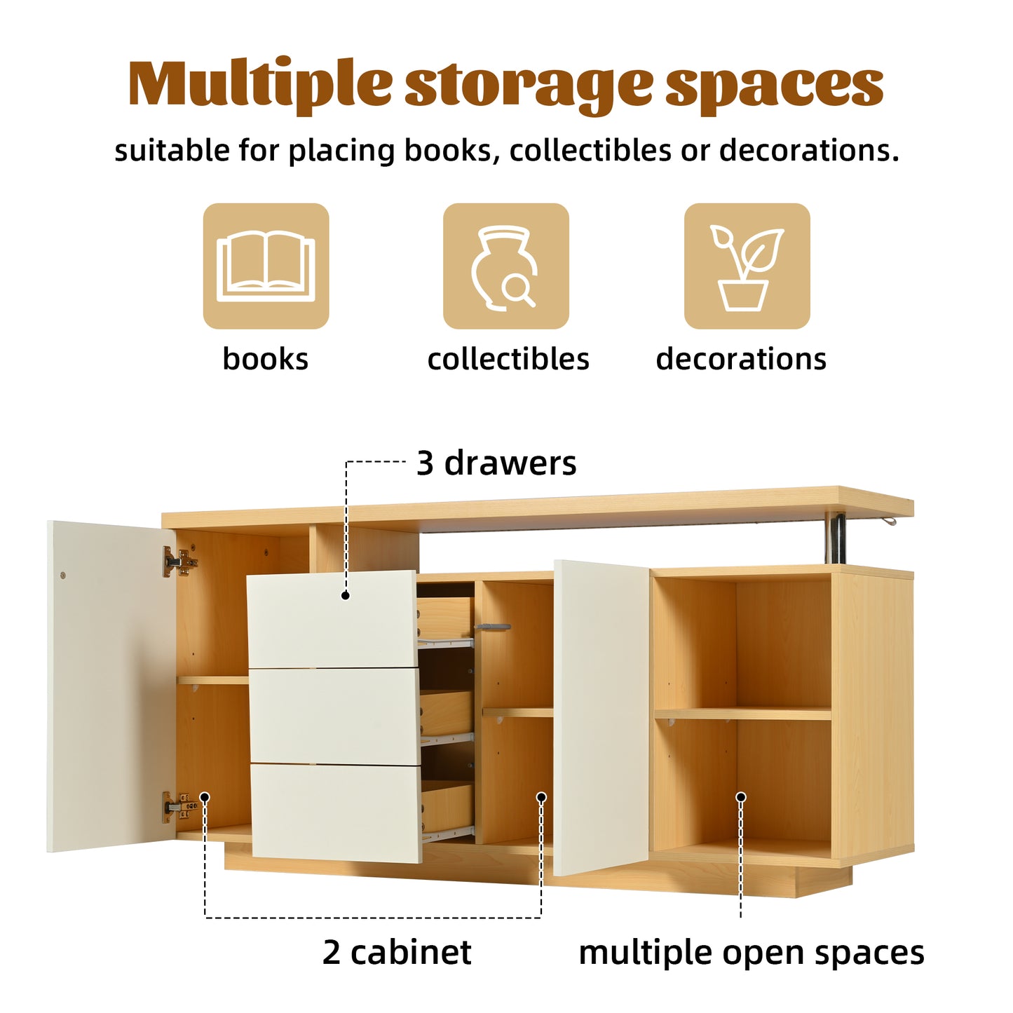Multifunctional Sideboard, Length 140 Cm, White And Imitation Wood - 2 Doors, 3 Drawers, 2 Open Compartments, With LED Lighting