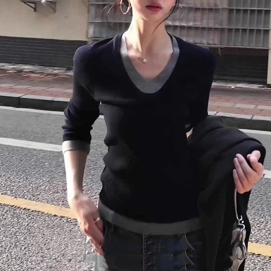 Korean Style Fake Two-piece V-neck Knitted Bottoming Shirt