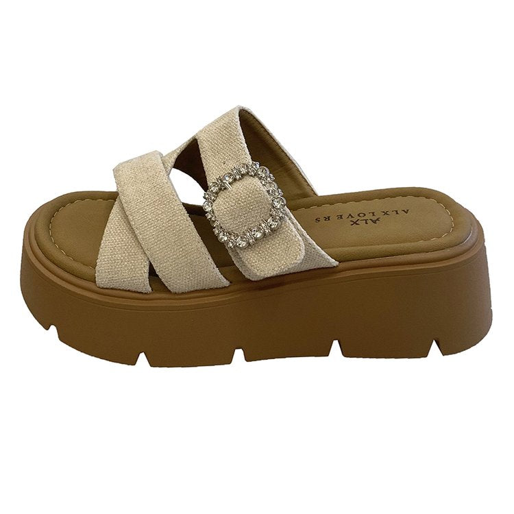 Thick Soled Sandals For Women In Summer, Retro Boken One Line Drag, Sponge Cake Beach Sandals For Outdoor Wear