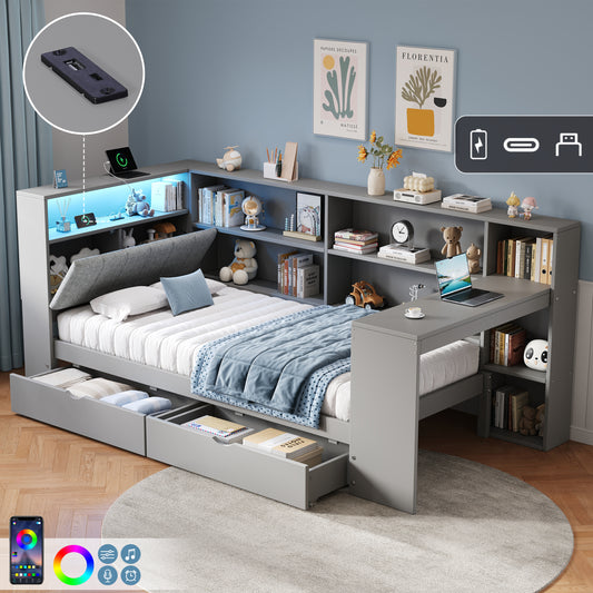 3ft Single L-Shape Daybed With Storage Drawers And Bookcase Storage, LED Linen Concealed Headboard Storage With Charging Station, Wood Bed For Living Room Bedroom Study Room, Grey  No Mattress