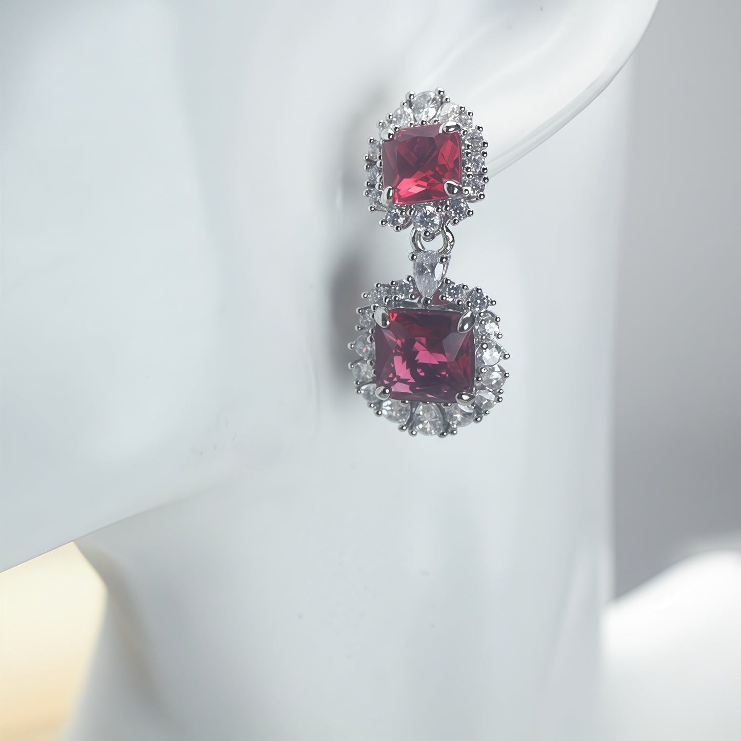 Two-Tier Princess Cut Red CZ Double Halo Dangle Drop Earrings For Women, Copper Silver Plated White Crystal Vintage Wedding Banquet Statement Jewelry Gift