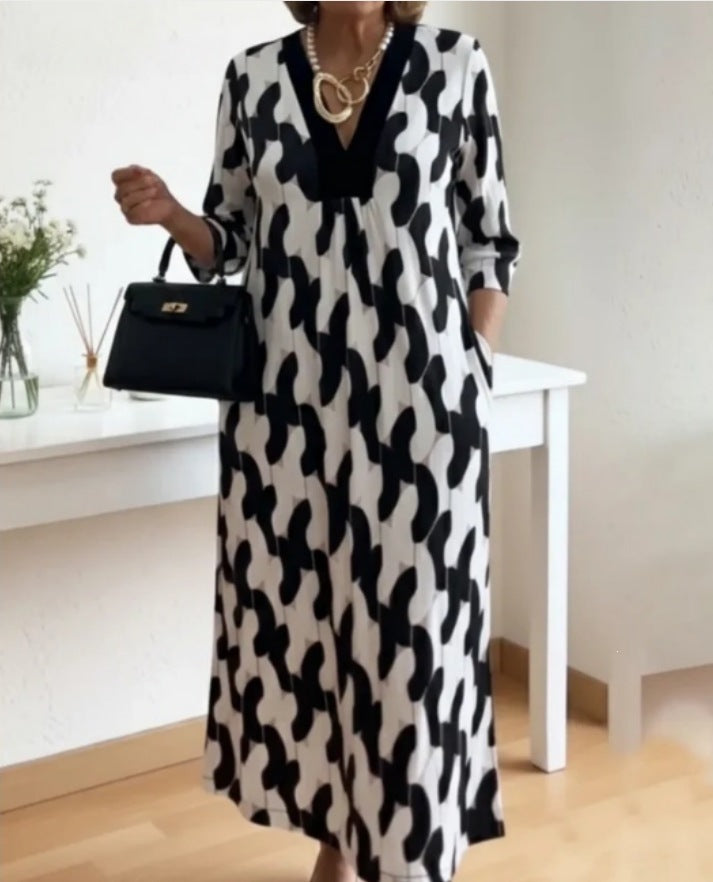 SpringSummer New Womens V-neck Printed Dress