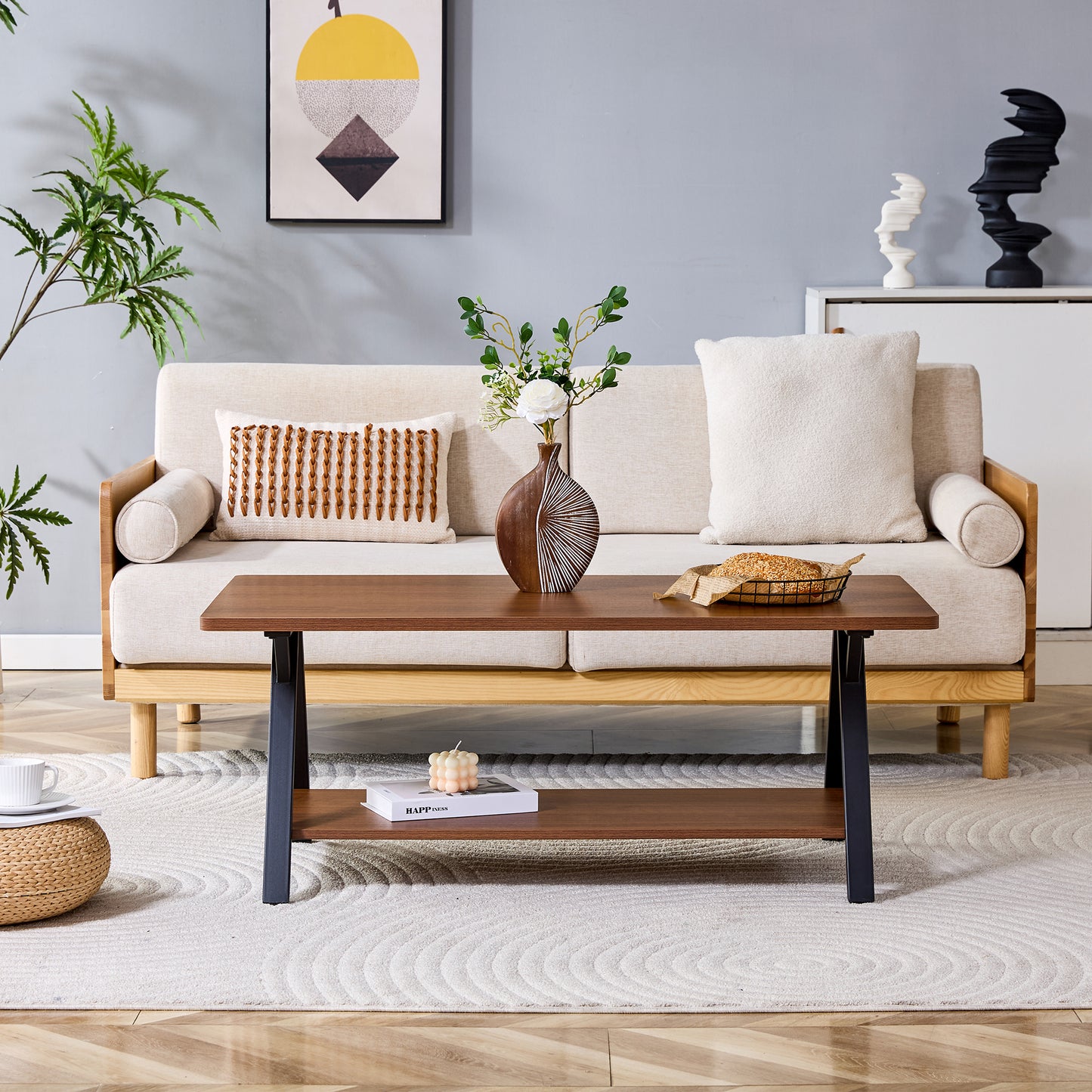 Modern Industrial Coffee Table With Storage Shelf, Walnut Wood Grain And Black Metal Frame, 110x57x44.5cm, Contemporary Living Room Table For Home Office, Home And Small Spaces