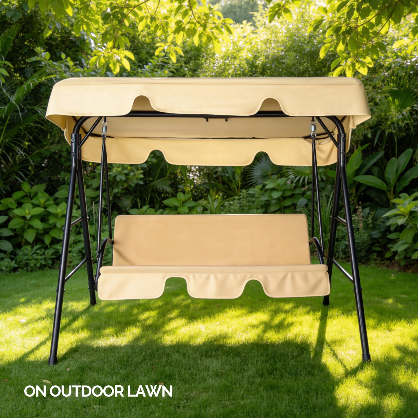 Outdoor Patio Swing Chair Set With Canopy, 3-Person Iron Frame Swing With Soft Cushions, 550lbs Capacity, Oxford Fabric, Khaki, Easy Assembly