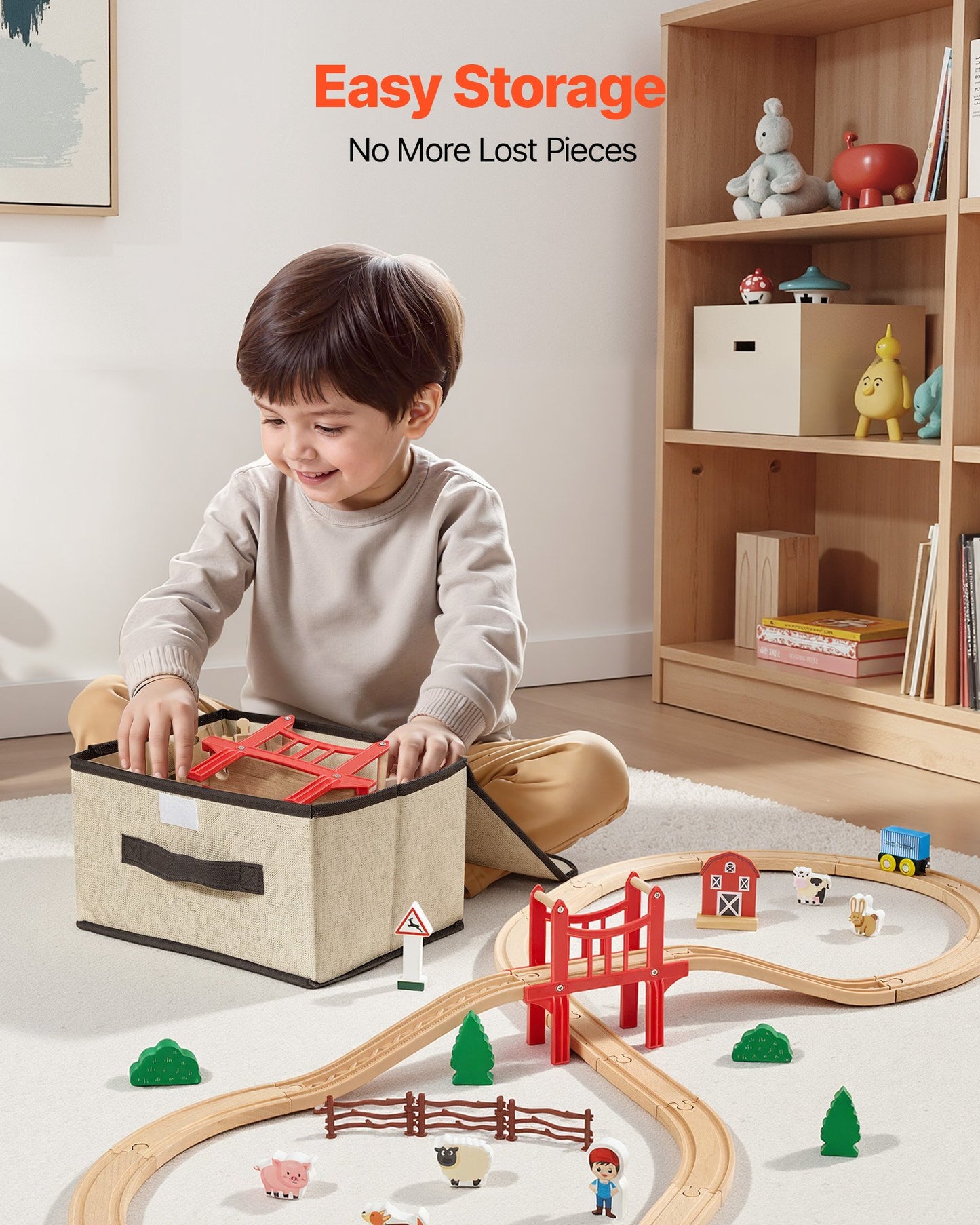 Wooden Train Set, 39PCS, Wood Train Track With Magnetic Trains And Railway Accessories, Compatible With Major Brands, Small Town, Christmas Birthday Toy For Kids Toddlers Ages 3-8 Boys And Girls