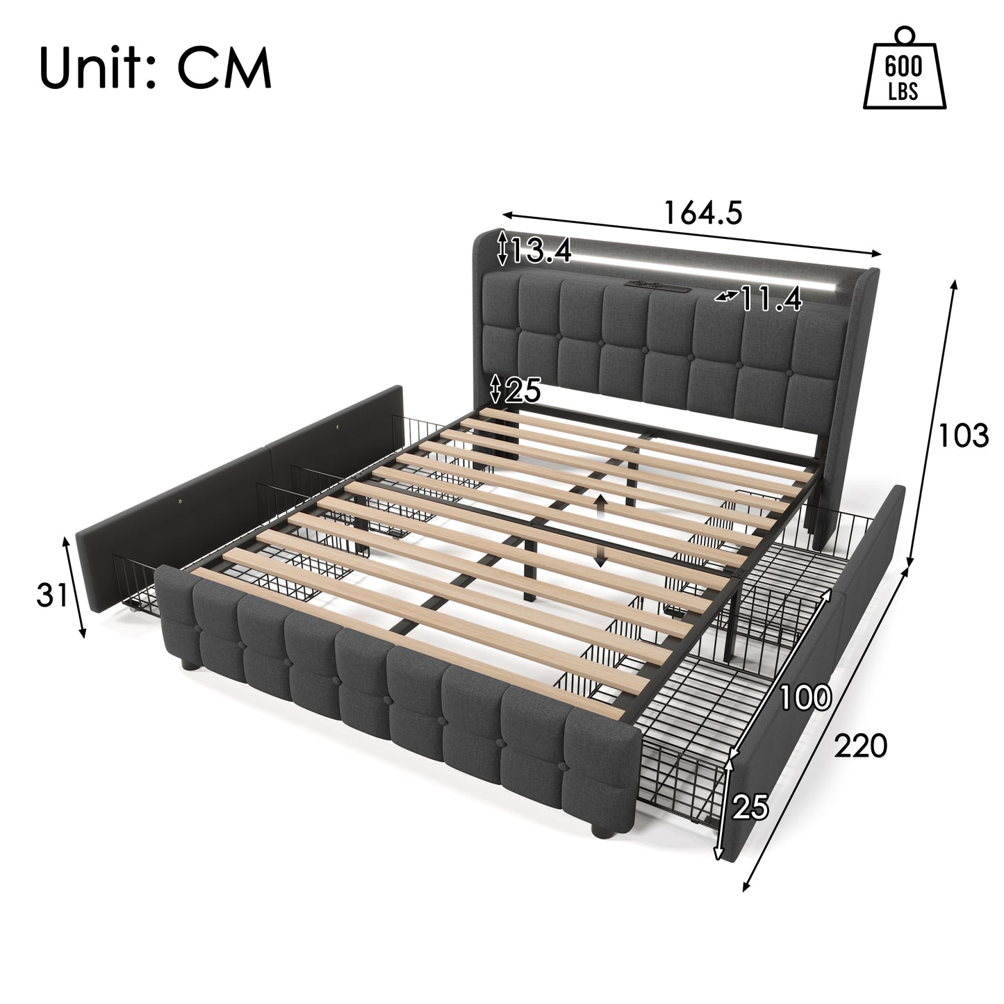 Upholstered Bed With Charging, USB Charging Function, Headboard And LED Lighting And 4 Drawers, Double Bed 160x200cm, Storage Beds, Bed Frame, Wooden Slatted Base, Grey  Without Mattress