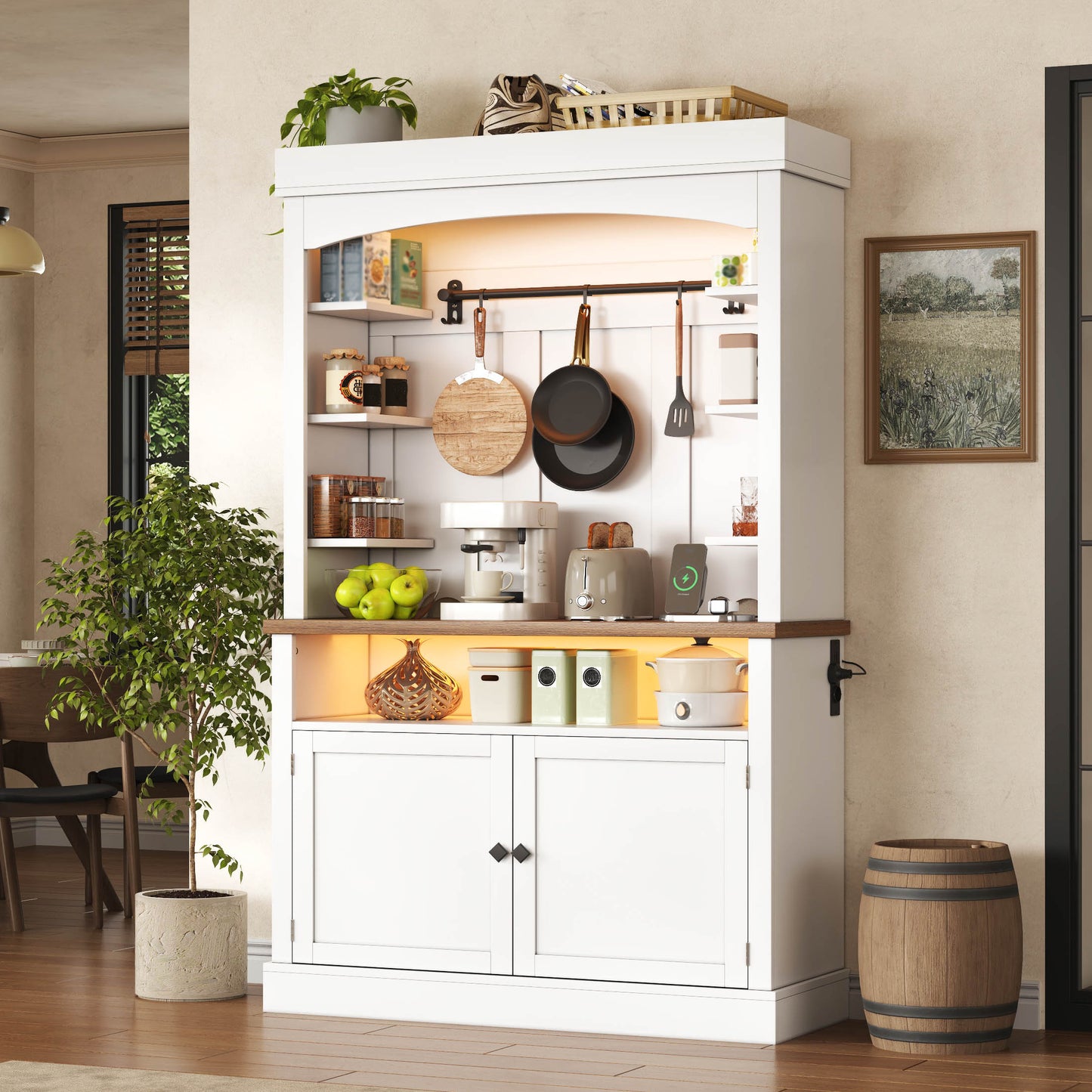183cm Kitchen Cabinet With LED Lighting And Socket, Pantry Cabinet, Display Cabinet And Wine Cabinet With Hook For Kitchen, Dining Room, Study And Bedroom