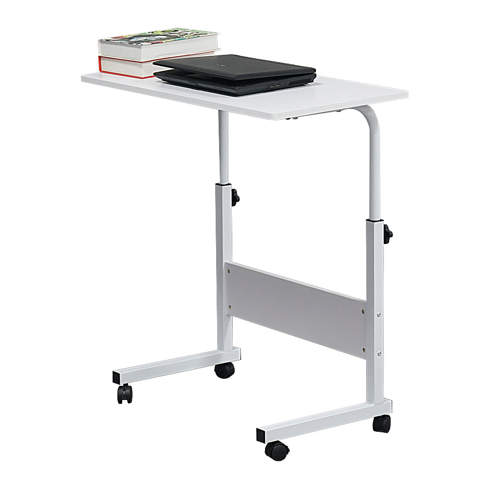 80cm Adjustable Tray Table Rolling Sofa Side Snack Table With Wheels Portable C-Shape Dinner Tray Tables Mobile Wooden Laptop Desk Beside Couch Bed