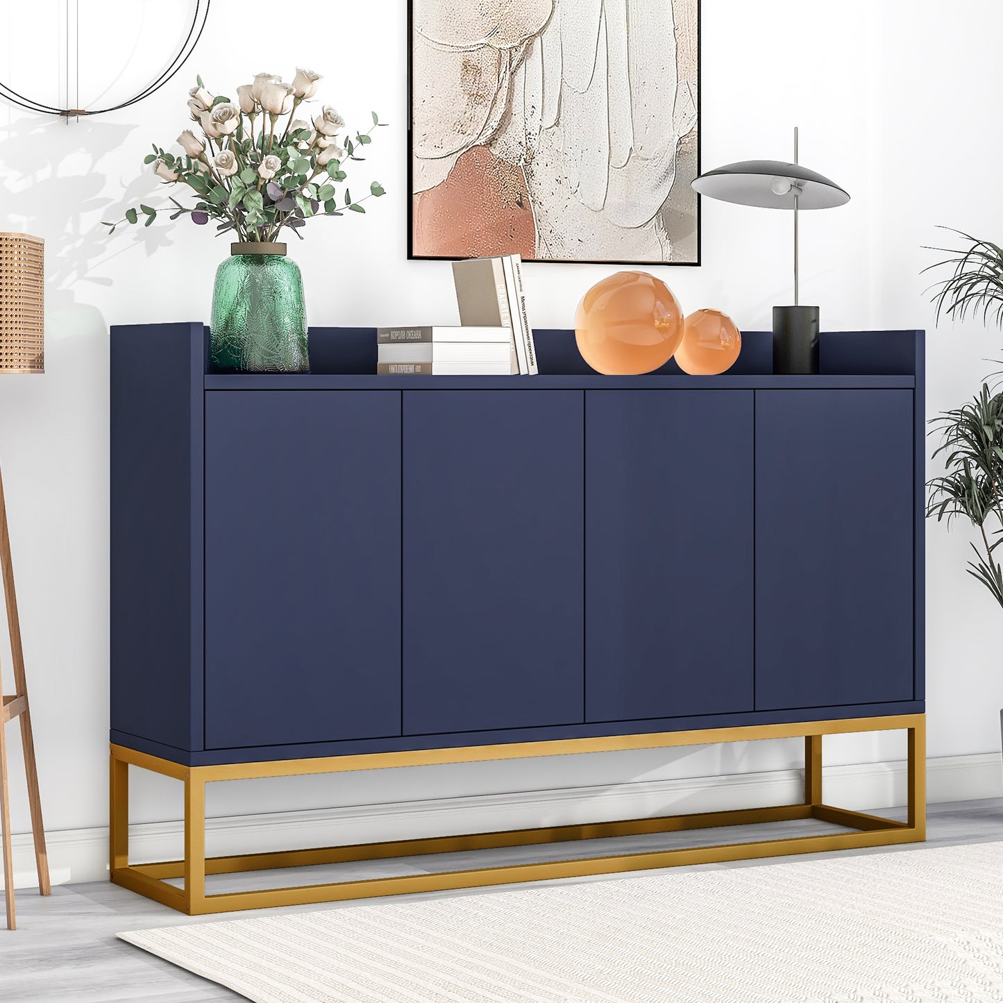 Modern Minimalist Style Sideboard 4 Door Handleless Buffet Cabinet For Dining Room, Living Room, Kitchen  Navy Blue