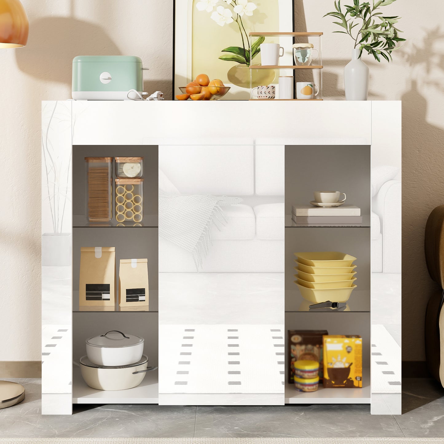 Modern White Buffet With High Gloss Front  Compact, Stylish Storage Solution With Glass Shelves And Cabinet Door For Living Room, Dining Room Or Kitchen  95x35x83 Cm