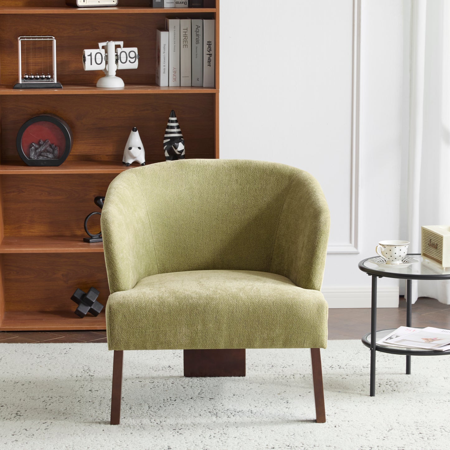 Modern Accent Chair With Round Back & Wooden Legs - Mid-Century Inspired Lounge Chair For Living Room, Bedroom, Or Office - Soft Fabric Upholstery