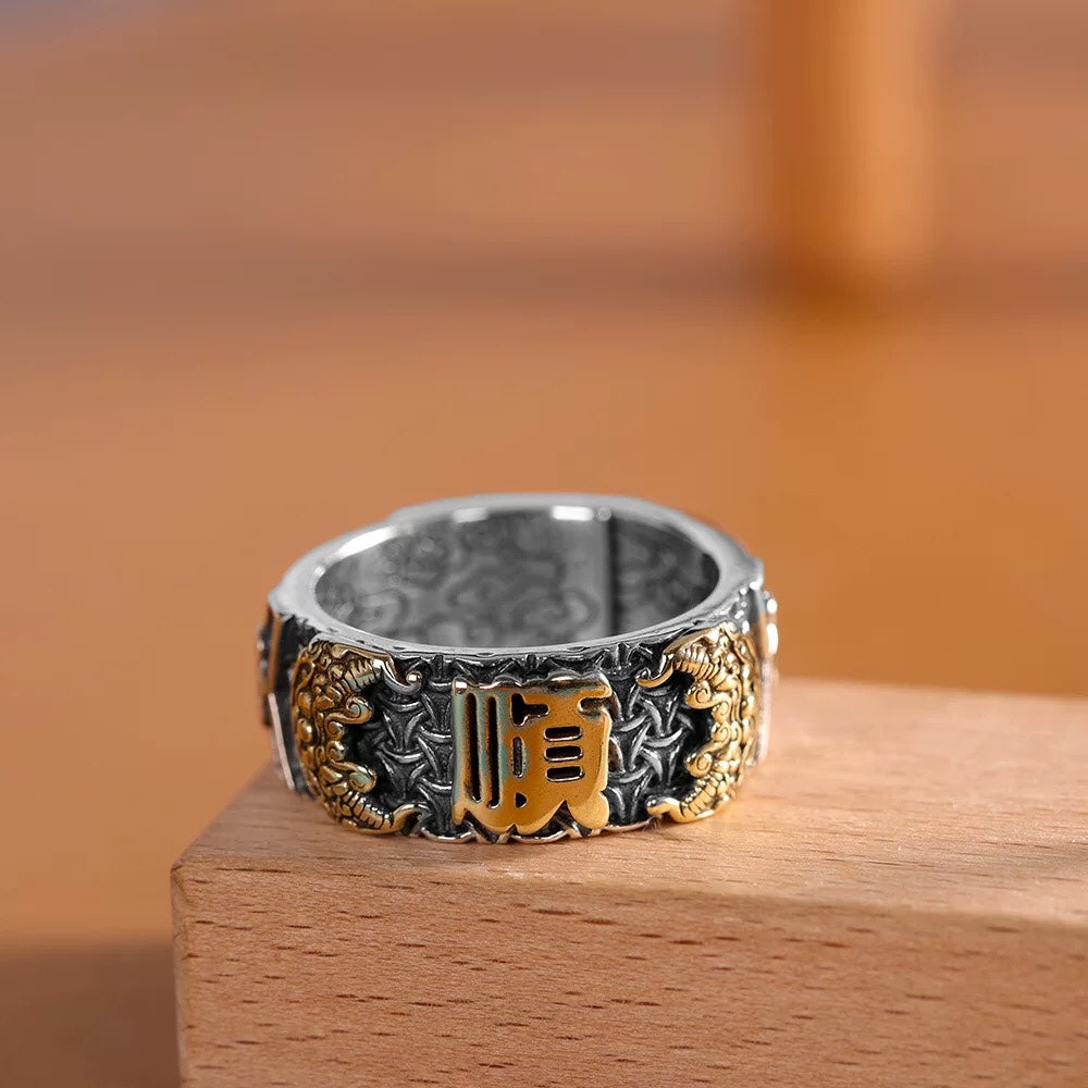 1pcs 925 Sterling Silver Vintage Two-Tone Luck Statement Ring, Chinese Amulet Style, Ideal For Birthdays & Feng Shui Gifts