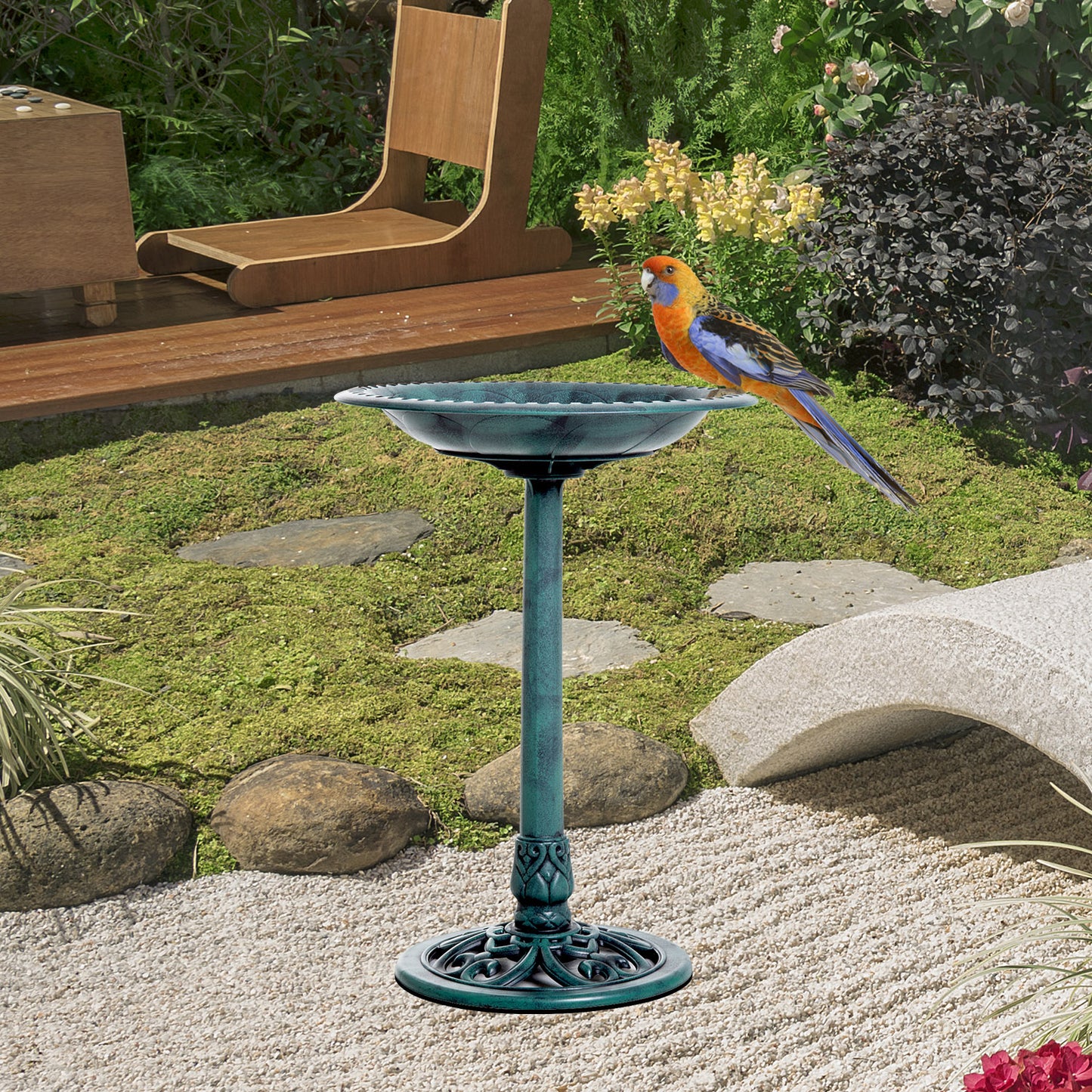 28 Bird Bath Outdoor Resin Decor with Fleur De Lis Pattern, Time-Worn Finish