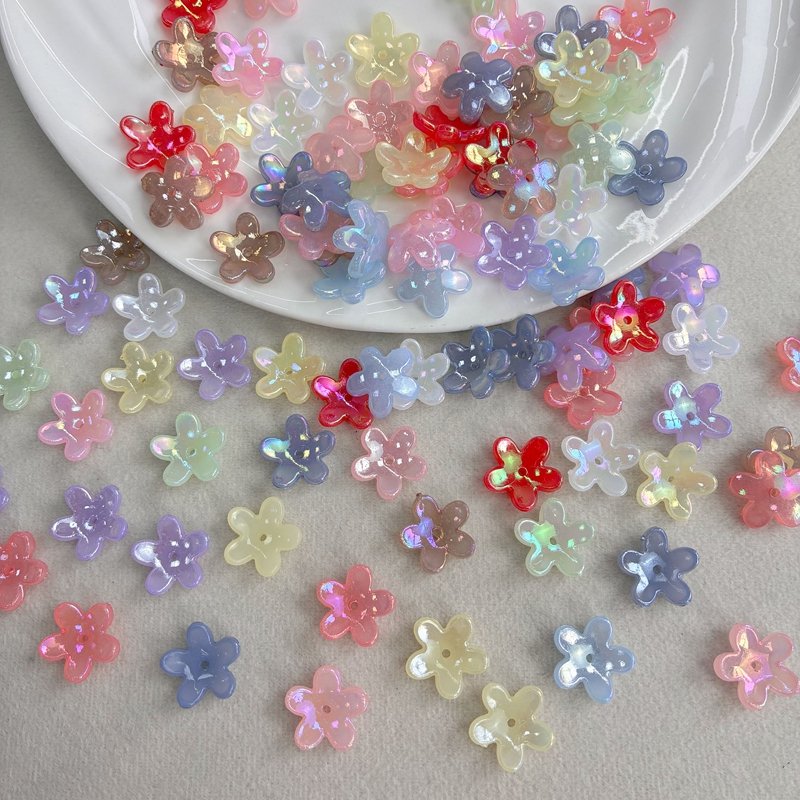 Translucent Jelly 5-Petal Star Flower Beads, AB Iridescent Center-Hole Spacers For DIY Vintage Hair Sticks, Earrings & Jewelry Making.