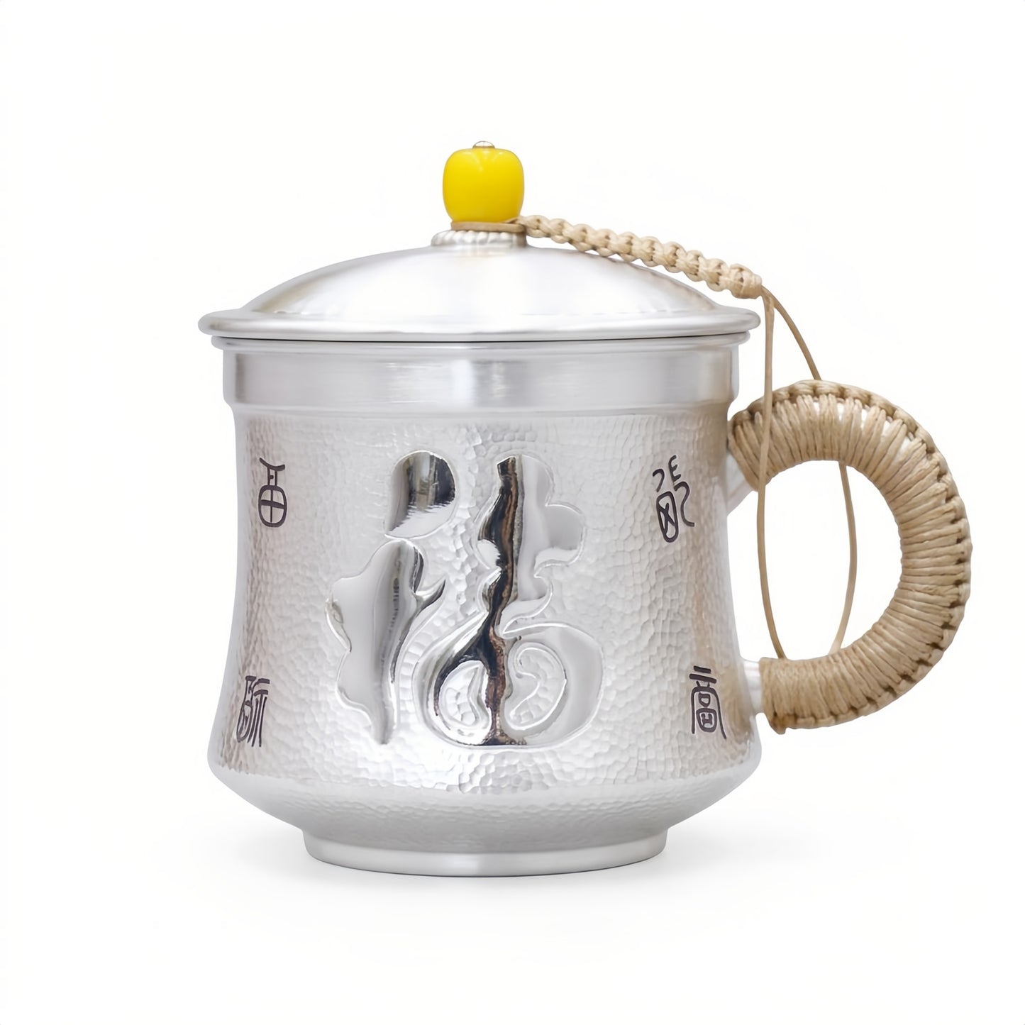 925 Sterling Silver Traditional Hammered Silver Tea Mug with Embossed Fu Character and Woven Accents - Handicraft