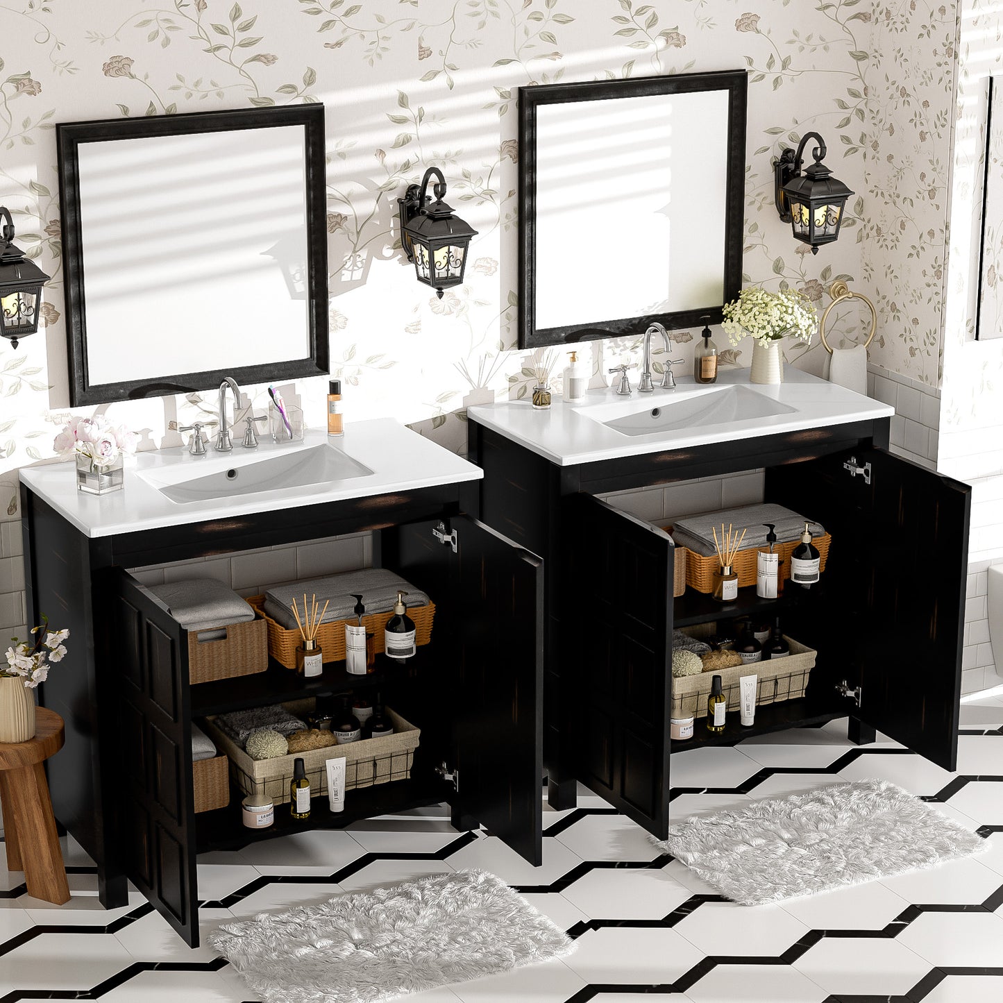 72  Bathroom Vanity Set With Double Vanities  Separate , Double Ceramic Sinks, Soft-Close Doors & Adjustable Shelf -Retro Espresso Storage Cabinet For Stylish Bathroom Organization