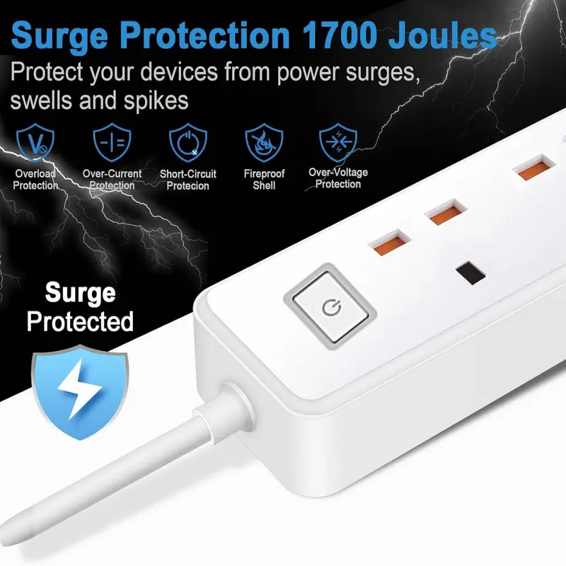 4-Socket Extension Lead With 4 USB 3.4A Smart Fast Charging Total Control 13A 3120W 1.6m Cord Fireproof PC & ABS UK