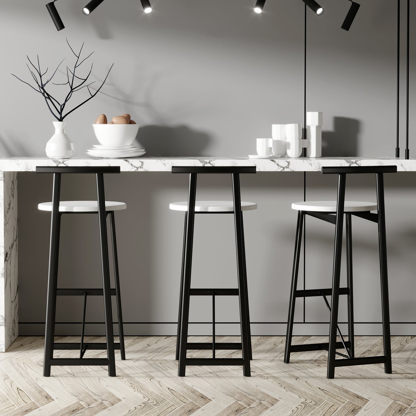 Bar Stools Kitchen Island Bar Chairs Set Of 3 Metal Counter Barstools With Backrest For Dining Pub Room  Black & White