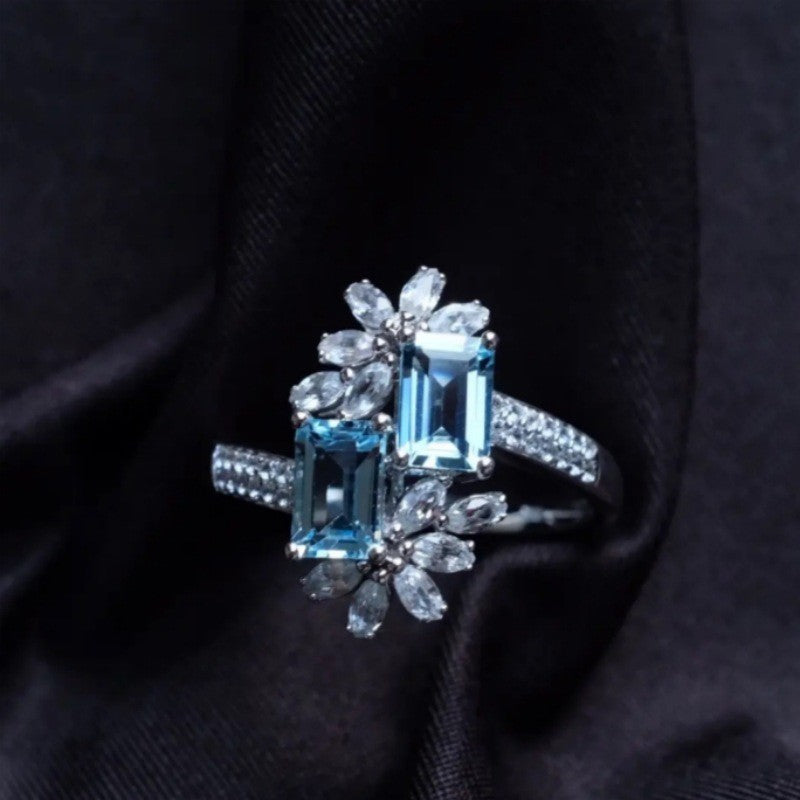 925 Sterling Silver Snowflake Ring, Fashion Unique Ins Style Aquamarine Ring, New Summer Adjustable Index Finger Ring