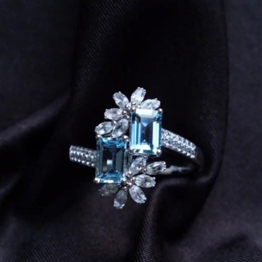 925 Sterling Silver Snowflake Ring, Fashion Unique Ins Style Aquamarine Ring, New Summer Adjustable Index Finger Ring