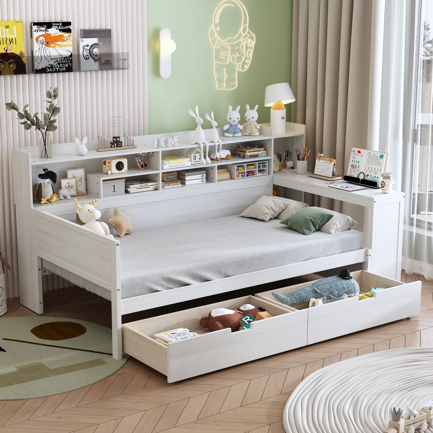 Wooden Twin Size Daybed With Storage Shelves, Multi-functional Bed With Two Storage Drawers And  Study Desk, Antique White