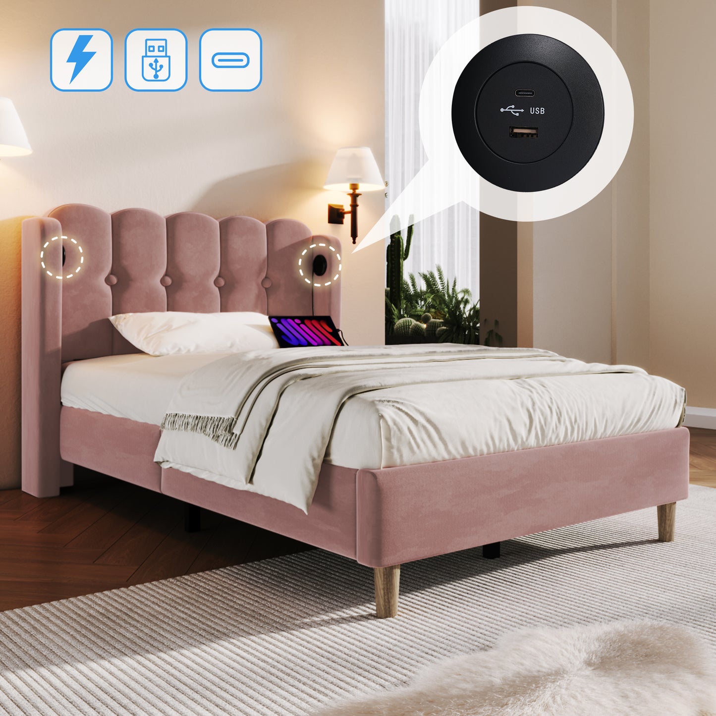 Upholstered Single Bed With USB And Type-C Charging, 3FT Bed Frame With Wooden Slatted Frame, Teenager Bed For Bedroom & Guest Room, 90 X 190 Cm, Pink, Velvet   No Mattress  .