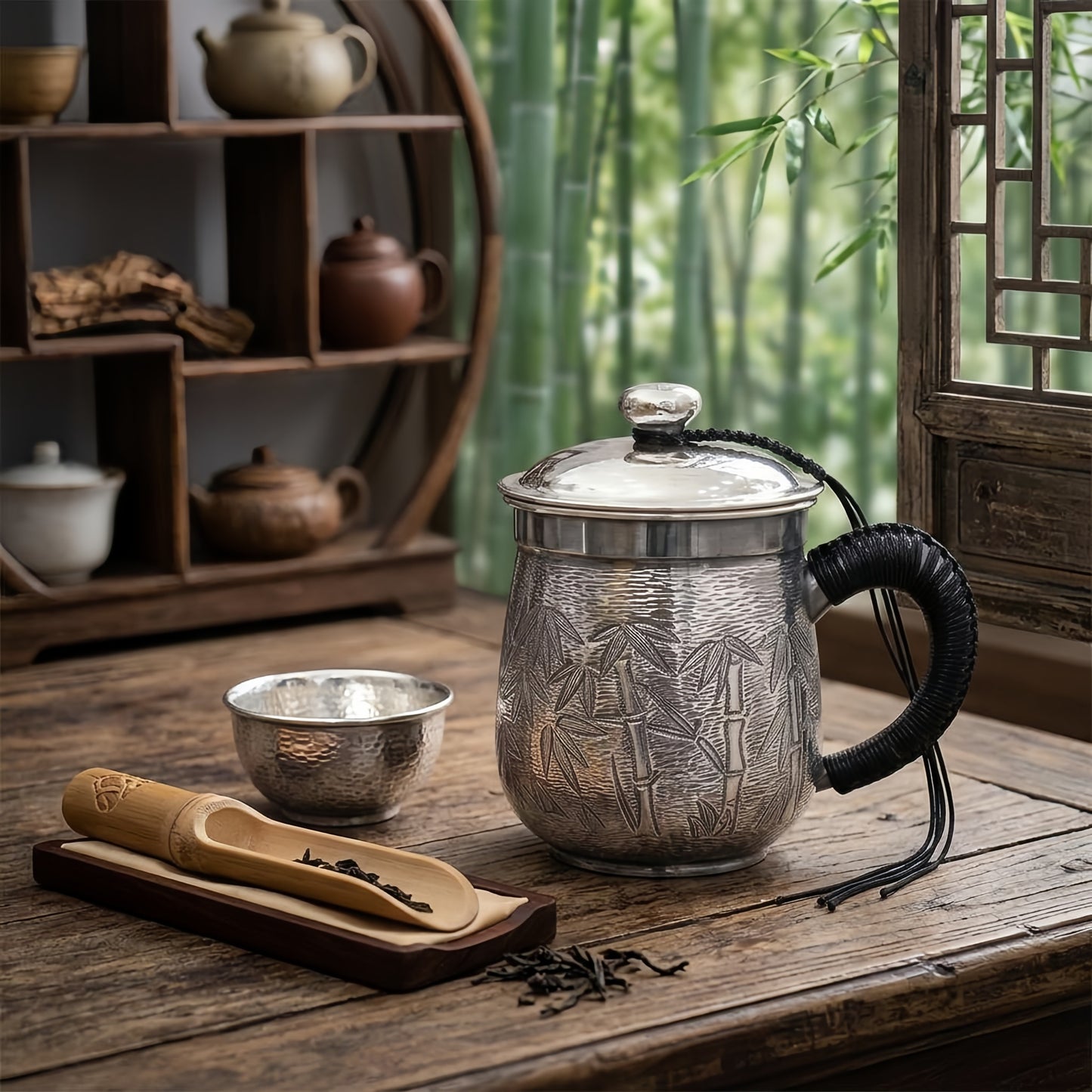 925 Sterling Silver Artisanal Silver Hammered Tea Infuser Mug with Embossed Bamboo and Leather Wrapped Handle - Handicraft