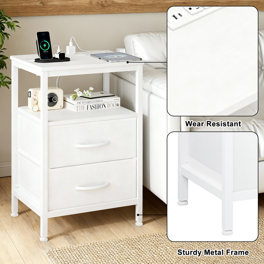 A Small Bedside Table With A Charging Station And Two Fabric Drawers, And A Side Bedside Table