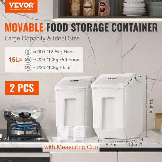 Ingredient Storage Bin, 2 X 15L Dispenser Bin With 2 Measuring Cups, Attachable Casters And Airtight Lid,   Dog Pet Food Storage Container, PP Material Kitchen Rice Cereal Flour Bin