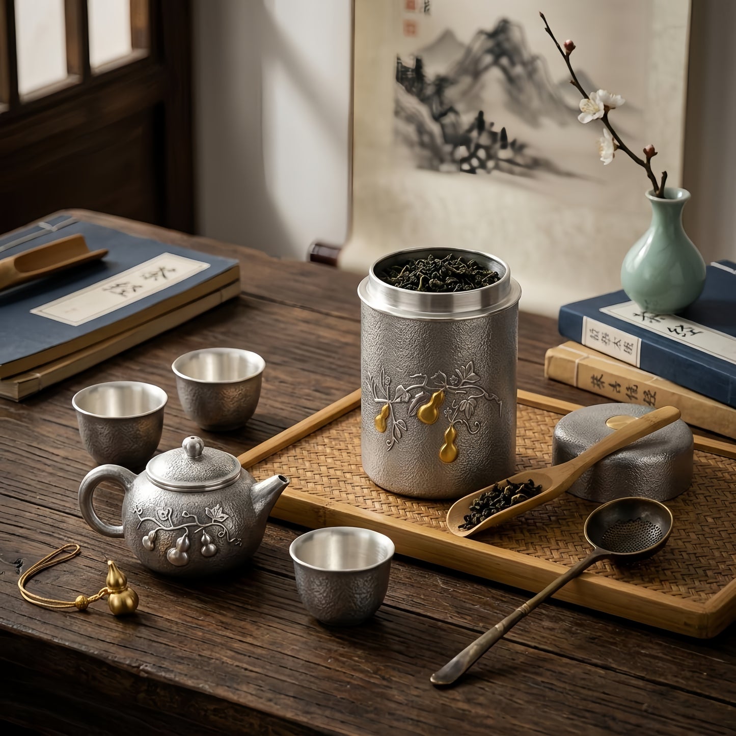 Pure 999 Fine Silver Hammered Silver-Tone Tea Canister with Embossed Gourd Vine Decoration - Handicraft