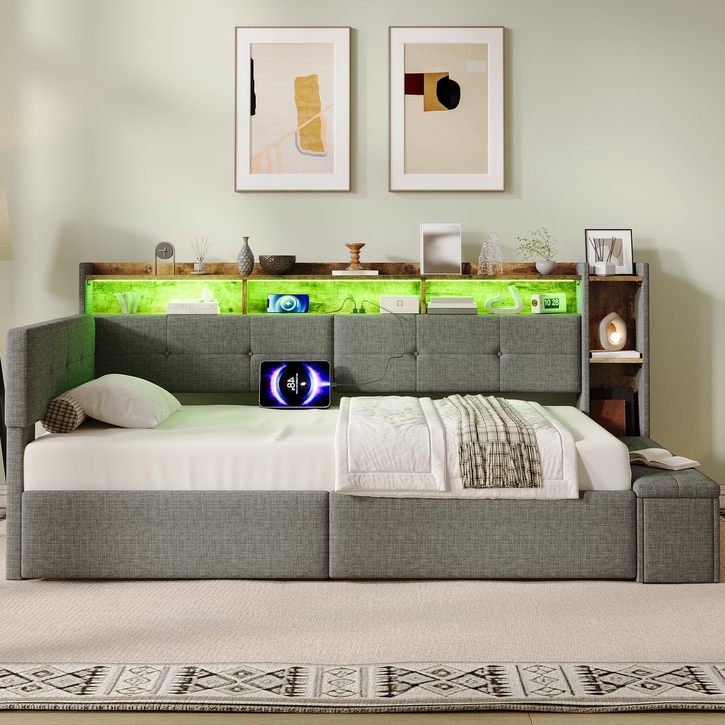 3ft Single LED Daybed With Storage Drawers And Bed End Ottoman Storage, Modern Linen Sofa Bed With Charging Station For Living Room Bedroom Study Room, 90X190cm, Grey  No Mattress