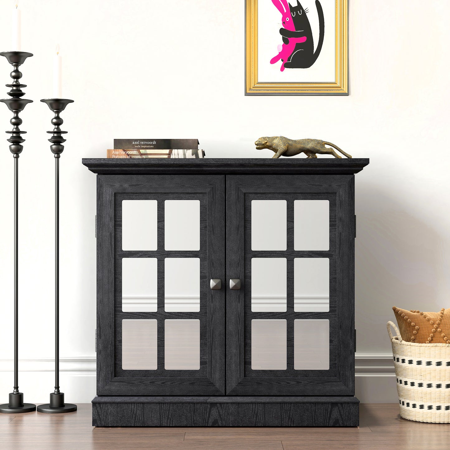 Storage Sideboard Cabinet With 2 Decorative Acrylic Mirrored Doors, Adjustable Shelf For Dining Room, Living Room, Kitchen, Metal Handles, MDF With Black 3D Wood Grain Foil Paper Finish