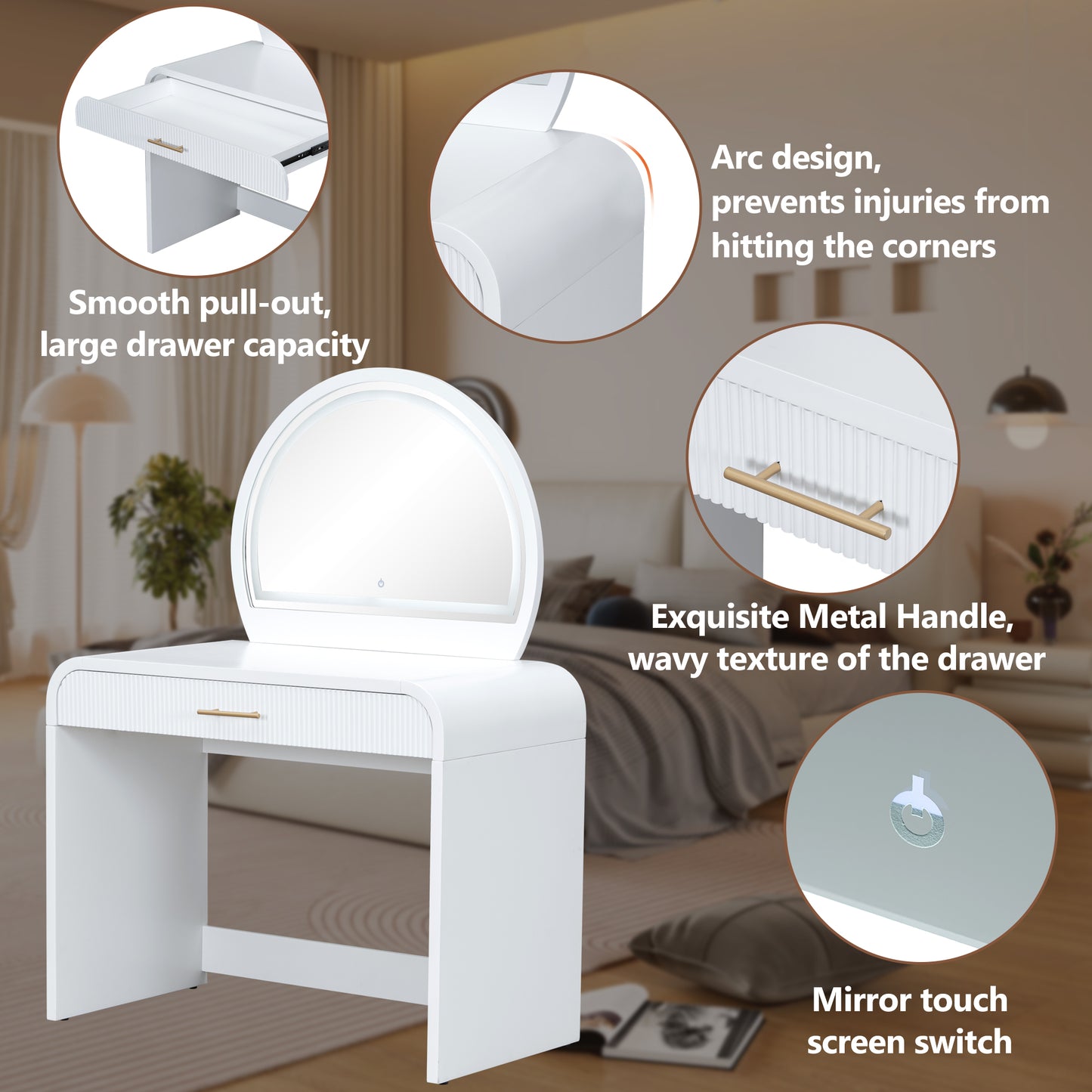 39 Makeup Vanity Table With Mirror Touch Screen Lighted Mirror, Dressing Table With Drawer For Bedroom, White